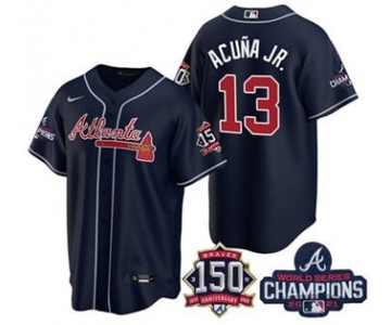 Men's Atlanta Braves #13 Ronald Acuna Jr. 2021 Navy World Series Champions With 150th Anniversary Patch Cool Base Stitched Jersey