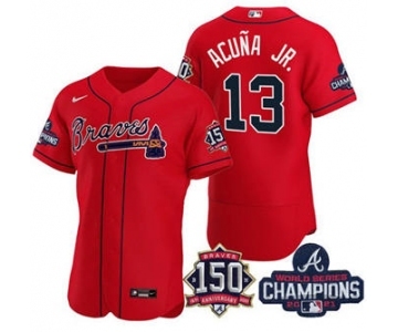 Men's Atlanta Braves #13 Ronald Acuna Jr. 2021 Red World Series Champions With 150th Anniversary Flex Base Stitched Jersey