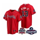 Men's Atlanta Braves #13 Ronald Acuna Jr. 2021 Red World Series Champions With 150th Anniversary Patch Cool Base Stitched Jersey