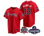 Men's Atlanta Braves #13 Ronald Acuna Jr. 2021 Red World Series Champions With 150th Anniversary Patch Cool Base Stitched Jersey