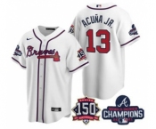 Men's Atlanta Braves #13 Ronald Acuna Jr. 2021 White World Series Champions With 150th Anniversary Patch Cool Base Stitched Jersey