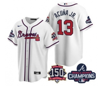 Men's Atlanta Braves #13 Ronald Acuna Jr. 2021 White World Series Champions With 150th Anniversary Patch Cool Base Stitched Jersey