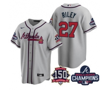 Men's Atlanta Braves #27 Austin Riley 2021 Grey World Series Champions With 150th Anniversary Patch Cool Base Stitched Jersey