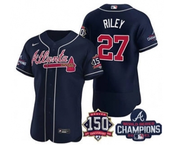 Men's Atlanta Braves #27 Austin Riley 2021 Navy World Series Champions With 150th Anniversary Flex Base Stitched Jersey