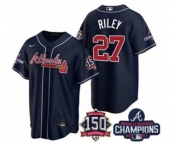 Men's Atlanta Braves #27 Austin Riley 2021 Navy World Series Champions With 150th Anniversary Patch Cool Base Stitched Jersey