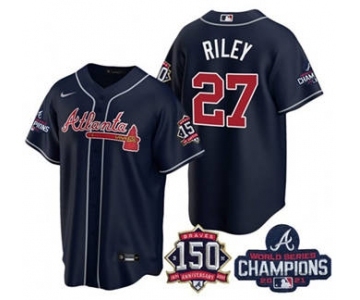 Men's Atlanta Braves #27 Austin Riley 2021 Navy World Series Champions With 150th Anniversary Patch Cool Base Stitched Jersey