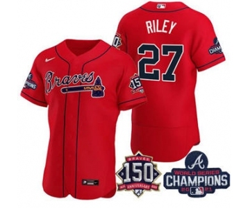 Men's Atlanta Braves #27 Austin Riley 2021 Red World Series Champions With 150th Anniversary Flex Base Stitched Jersey