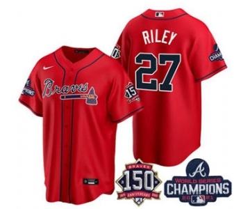 Men's Atlanta Braves #27 Austin Riley 2021 Red World Series Champions With 150th Anniversary Patch Cool Base Stitched Jersey