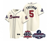 Men's Atlanta Braves #5 Freddie Freeman 2021 Cream World Series Champions With 150th Anniversary Patch Cool Base Stitched Jersey