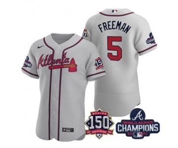 Men's Atlanta Braves #5 Freddie Freeman 2021 Gray World Series Champions With 150th Anniversary Flex Base Stitched Jersey