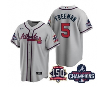 Men's Atlanta Braves #5 Freddie Freeman 2021 Gray World Series Champions With 150th Anniversary Patch Cool Base Stitched Jersey