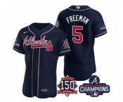 Men's Atlanta Braves #5 Freddie Freeman 2021 Navy World Series Champions With 150th Anniversary Flex Base Stitched Jersey