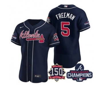 Men's Atlanta Braves #5 Freddie Freeman 2021 Navy World Series Champions With 150th Anniversary Flex Base Stitched Jersey