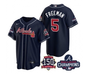 Men's Atlanta Braves #5 Freddie Freeman 2021 Navy World Series Champions With 150th Anniversary Patch Cool Base Stitched Jersey