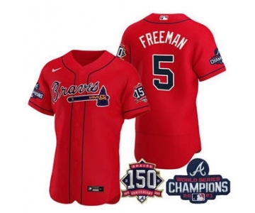 Men's Atlanta Braves #5 Freddie Freeman 2021 Red World Series Champions With 150th Anniversary Flex Base Stitched Jersey