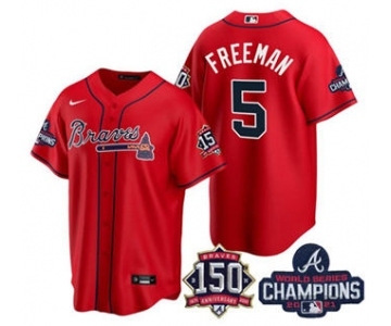 Men's Atlanta Braves #5 Freddie Freeman 2021 Red World Series Champions With 150th Anniversary Patch Cool Base Stitched Jersey