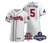 Men's Atlanta Braves #5 Freddie Freeman 2021 White World Series Champions With 150th Anniversary Flex Base Stitched Jersey