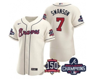 Men's Atlanta Braves #7 Dansby Swanson 2021 Cream World Series Champions With 150th Anniversary Flex Base Stitched Jersey