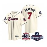 Men's Atlanta Braves #7 Dansby Swanson 2021 Cream World Series Champions With 150th Anniversary Patch Cool Base Stitched Jersey