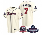 Men's Atlanta Braves #7 Dansby Swanson 2021 Cream World Series Champions With 150th Anniversary Patch Cool Base Stitched Jersey