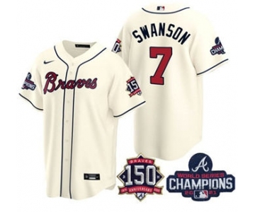 Men's Atlanta Braves #7 Dansby Swanson 2021 Cream World Series Champions With 150th Anniversary Patch Cool Base Stitched Jersey