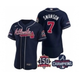 Men's Atlanta Braves #7 Dansby Swanson 2021 Navy World Series Champions With 150th Anniversary Flex Base Stitched Jersey