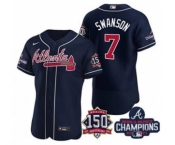 Men's Atlanta Braves #7 Dansby Swanson 2021 Navy World Series Champions With 150th Anniversary Flex Base Stitched Jersey