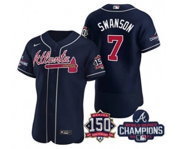 Men's Atlanta Braves #7 Dansby Swanson 2021 Navy World Series Champions With 150th Anniversary Flex Base Stitched Jersey