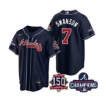 Men's Atlanta Braves #7 Dansby Swanson 2021 Navy World Series Champions With 150th Anniversary Patch Cool Base Stitched Jersey