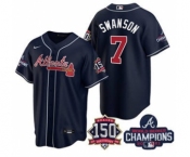 Men's Atlanta Braves #7 Dansby Swanson 2021 Navy World Series Champions With 150th Anniversary Patch Cool Base Stitched Jersey