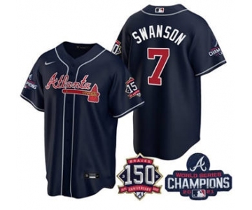 Men's Atlanta Braves #7 Dansby Swanson 2021 Navy World Series Champions With 150th Anniversary Patch Cool Base Stitched Jersey