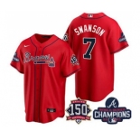 Men's Atlanta Braves #7 Dansby Swanson 2021 Red World Series Champions With 150th Anniversary Patch Cool Base Stitched Jersey