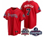 Men's Atlanta Braves #7 Dansby Swanson 2021 Red World Series Champions With 150th Anniversary Patch Cool Base Stitched Jersey