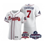 Men's Atlanta Braves #7 Dansby Swanson 2021 White World Series Champions With 150th Anniversary Flex Base Stitched Jersey