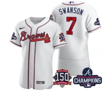 Men's Atlanta Braves #7 Dansby Swanson 2021 White World Series Champions With 150th Anniversary Flex Base Stitched Jersey