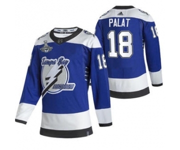 Men's Tampa Bay Lightning #18 Ondrej Palat 2021 Blue Stanley Cup Champions Reverse Retro Stitched Hockey Jersey