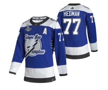 Men's Tampa Bay Lightning #77 Victor Hedman 2021 Blue Stanley Cup Champions Reverse Retro Stitched Hockey Jersey