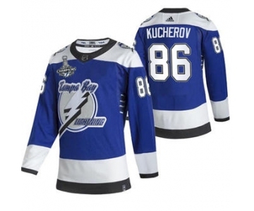 Men's Tampa Bay Lightning #86 Nikita Kucherov 2021 Blue Stanley Cup Champions Reverse Retro Stitched Hockey Jersey