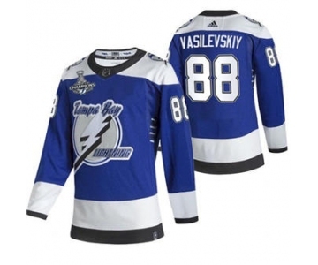 Men's Tampa Bay Lightning #88 Andrei Vasilevskiy 2021 Blue Stanley Cup Champions Reverse Retro Stitched Hockey Jersey