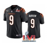 Men's Cincinnati Bengals #9 Joe Burrow 2022 Black With C Patch Super Bowl LVI Vapor Limited Stitched Jersey