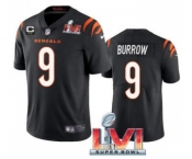 Men's Cincinnati Bengals #9 Joe Burrow 2022 Black With C Patch Super Bowl LVI Vapor Limited Stitched Jersey