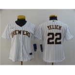 Women's Brewers #22 Christian Yelich White Strip 2020 Stitched Baseball Cool Base Jersey