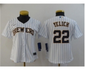 Women's Brewers #22 Christian Yelich White Strip 2020 Stitched Baseball Cool Base Jersey