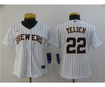 Women's Brewers #22 Christian Yelich White Strip 2020 Stitched Baseball Cool Base Jersey