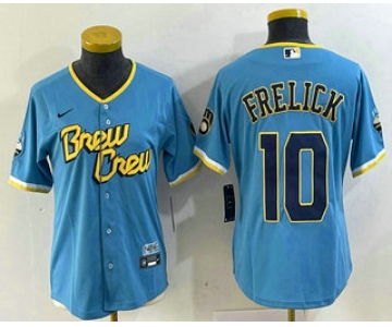 Women's Milwaukee Brewers #10 Sal Frelick Blue 2022 City Connect Cool Base Stitched Jersey