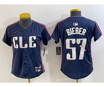 Women's Cleveland Guardians #57 Shane Bieber Navy 2024 City Connect Limited Stitched Jersey