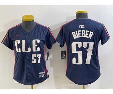 Women's Cleveland Guardians #57 Shane Bieber Number Navy 2024 City Connect Limited Stitched Jersey