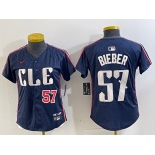 Women's Cleveland Guardians #57 Shane Bieber Number Navy 2024 City Connect Limited Stitched Jerseys