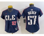 Women's Cleveland Guardians #57 Shane Bieber Number Navy 2024 City Connect Limited Stitched Jerseys