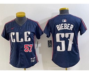 Women's Cleveland Guardians #57 Shane Bieber Number Navy 2024 City Connect Limited Stitched Jerseys